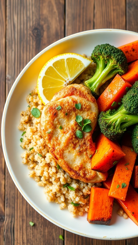 Healthy Power XL Air Fryer Recipes A healthy meal of air-fried chicken, sweet potatoes, and broccoli over quinoa, garnished with herbs and lemon.